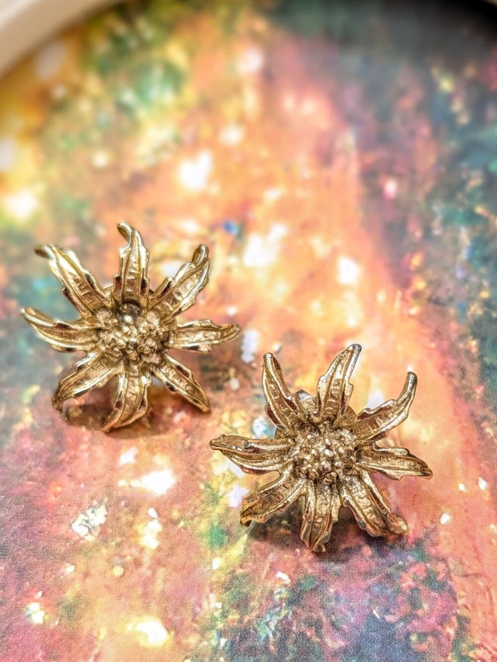 1950's - 1960's Flower Earrings, Gold Tone Post Back
